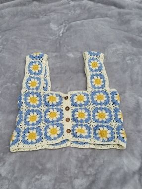Handmade Crochet Crop Top in Blue, Yellow & Cream
